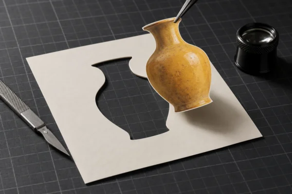 Un vaso giallo ritagliato da una stampa e sollevato con una pinzetta