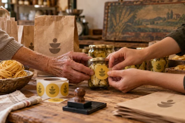 Due generazioni attaccano l etichetta del nuovo marchio su un vasetto in una bottega di famiglia