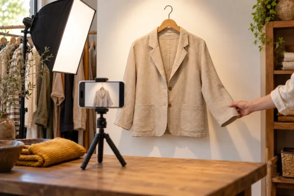 Smartphone su cavalletto che riprende una giacca di lino in una boutique