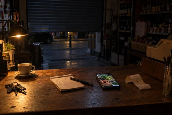 Il bancone di un negozio dopo la chiusura, con il telefono acceso e la serranda mezza abbassata